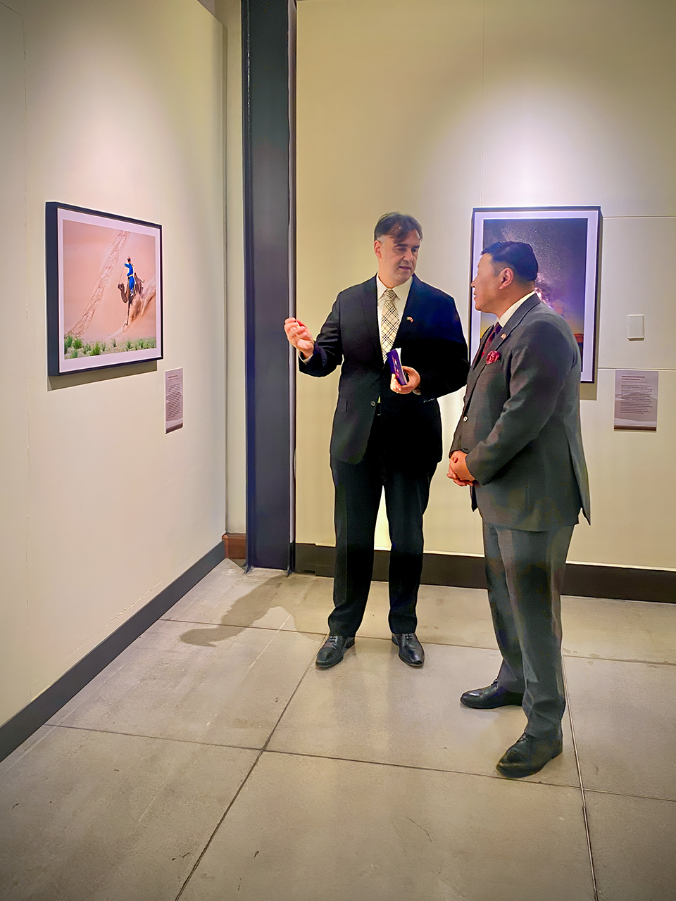 Philippe Paquet showing the Mongolia exhibition to H.E. Batbayar Ulziidelger, Ambassador of Mongolia to the United States of America and Mexico, at the National Museum of World Cultures.